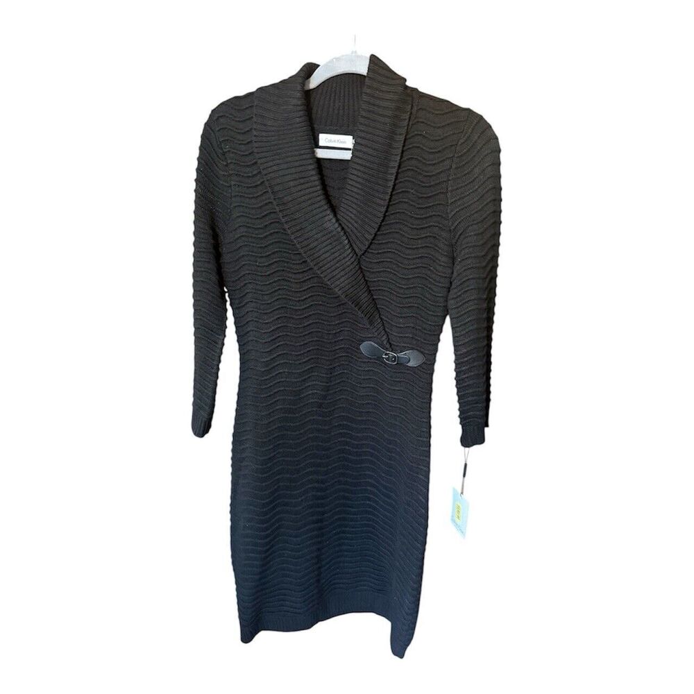 Calvin Klein Faux Wrap Buckle Sweater Dress Black Medium